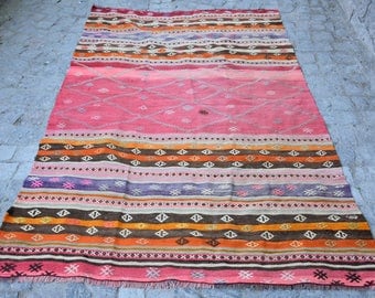 Pink Kilim Rug Rare Kilim Rug Pastel Color Vintage Kilim Rug Free Shipping 4.5x7.3 Ft Handwoven Kilim Rug Nomadic Striped Kilim Rug K-112