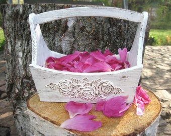 Flower girl Basket.Wedding White Basket. Wedding Ceremony.Wedding Decor. Wedding Basket. Shabby chic Wooden Basket.Hand structural painting