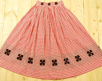 1950's/60's Red Gingham Swing Skirt with Hand Embroidered Crosses / Circle Skirt / Pin Up / Mad Men / Rare Collectable Retro