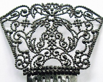 Antique Victorian French Jet Mourning Large Hair Comb Fine Lacy Beadwork Black Celluloid Teeth