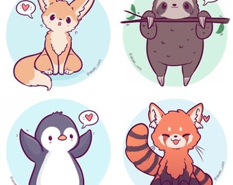 Kawaii Animals Stickers, Owl, Snow Leopard, Shiba, Fox, Husky, Peacock, Corgi, sloth, fennec, penguin, red panda, and more :3