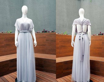 Gray Long Infinity Dress, Gray Romantic Bridesmaid Dress, Convertible Boho Dress, Tutu Maxi Mother of the Bride Gown