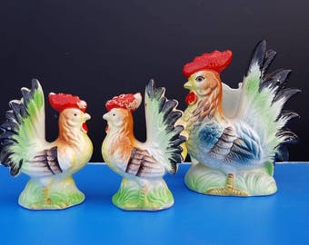 Vintage Ceramic Rooster Salt and Pepper Shakers & Napkin Holder Set Made in Japan