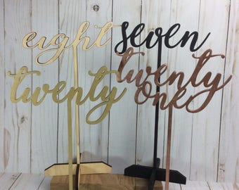 Freestanding wooden wedding table numbers /wooden script table numbers / wooden table numbers w base / event table numbers