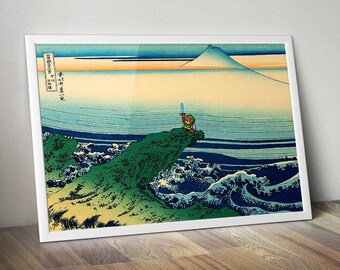 Estampe japonaise Hokusai avec Link pixel (A link to the past) / Art geek et pop pour chambre d'enfant