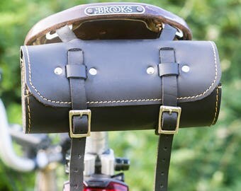 Bicycle Roll Tool Bag Real Leather in BLACK (Yellow stitching)