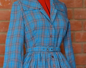 50's Original Vintage Shirtwaist Dress - blue/grey plaid