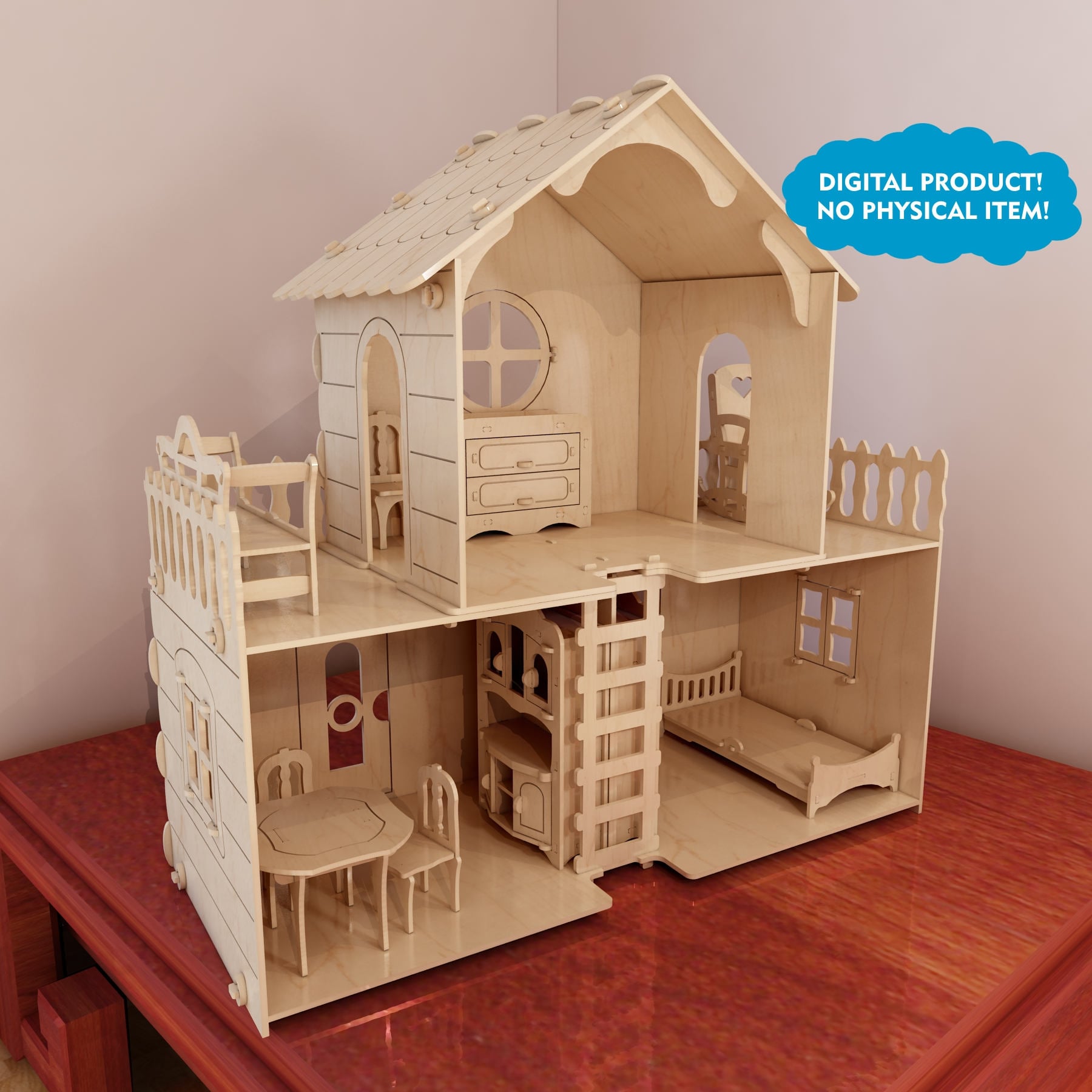 Big plywood Dollhouse v7 + Dolls furniture Pack. Cut plans for CNC