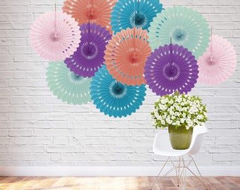 Paper Rosette backdrop, Mint, Coral, Wedding background, Eventail decoratif, paper decorating, paper fan backdrop, Birthday, 10 Fans, 16"