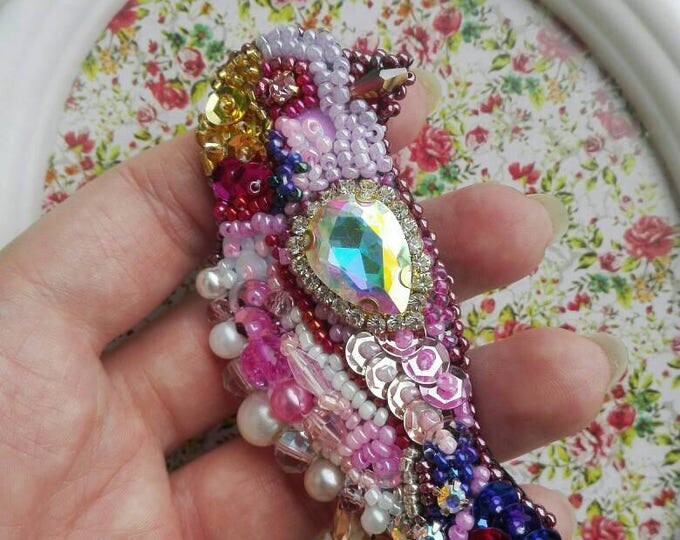 Brooch bird of paradise pink brooch beads, brooch bird, handmade brooch. Embroidery Brooch Beaded. Bird Jewelry Gift for her for women