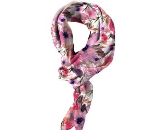 Floral Silk Scarf, Bright Red, Pink Scarf, Spring Accessory, Botanical Silk Scarf, Gift for her, large square scarf, art fashion, watercolor