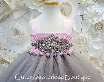 Dark Grey Sequin Organza Bustled Flower Tutu Dresses, Cheap Popular Flower Girl Dresses, FG053