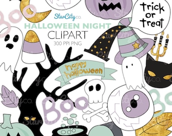 Halloween clipart, Halloween night clipart, Cat clipart, pumpkin clipart, Pastel Halloween clip art, Digital Graphics, commercial use