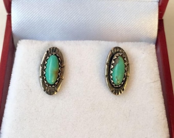 Signed Native American Turquoise 14K Gold Posts Sterling Silver 925 Stud Earrings