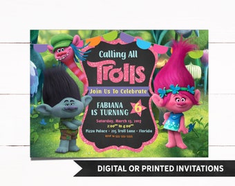 Trolls Invitation, Trolls Birthday Invitation, Trolls Girl Birthday Invitation, Girl Invitations, Chalkboard Invitation, 1