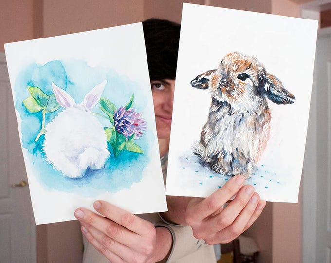 Cute Bunnies watercolor ORIGINAL paintings Rabbits Watercolor Bunnies Cute bunny Painting Cute Rabbits Painting Bunnies Painting Rabbits Art