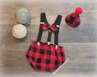 Lumberjack First birthday Outfit, 1st Birthday boy Outfit, Plaid Birthday Outfit, Lumberjack Diaper Cover, Bowtie & Party Hat, Suspender
