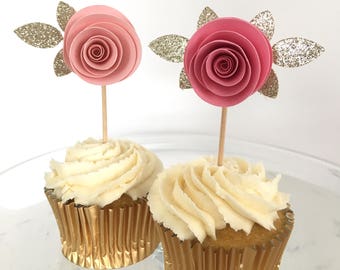 Blush Pink and Gold glitter flower cupcake toppers