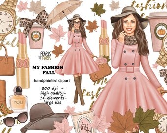 Fall clipart, autumn clipart, autumn fashion clipart, girl clipart, leaves, make up clipart,perfume, pink, blush, stickers supplies, PNG