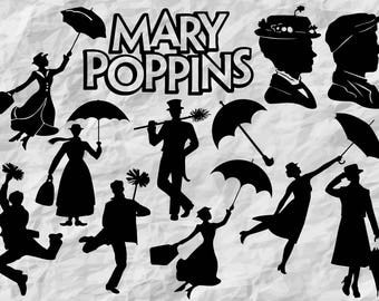 12 Mary Poppins Silhouettes | Mary Poppins SVG cut files | Mary Poppins Cliparts | printable | digital files | vectors | instant download