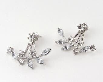 Crystal Ear Jacket Earrings Rhinestone Ear Jackets Silver Leaves Vine Leaf Front Backs Clear Crystal Ear Crawler