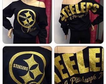 ON SALE Steelers off the shoulder sweatshirt | Pittsburgh Steelers Sweatshirt | Oversized print | Bling sweatshirt