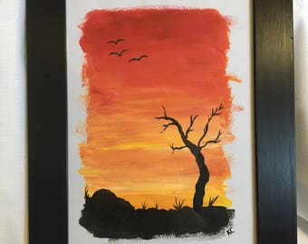 African Elephant Silhouette Painting Sunset Tree Art Original