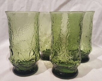 Vintage Anchor Hocking Drinking Tumbler Glasses Rainflower Daisy Dandelion Avocado Green set of 4