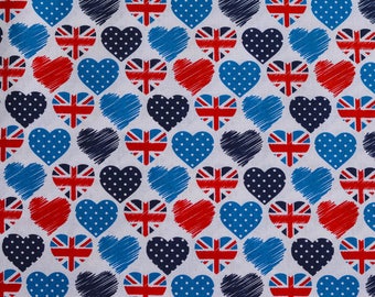 Novelty Fabric, Hearts, Union Jack, Cotton, Love London Theme, Sewing, Dressmaking fabric, Red, Navy, Blue, White,