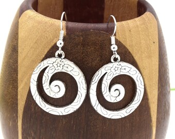 Spiral round floral Silver earrings shiny, spiral earrings