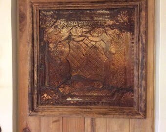Antique tin ceiling tile framed