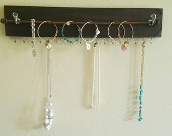 Wood Necklace hanger/ Necklace Holder/ Necklace Organizer / Removable rod to hang Bracelets and 18 Necklace Hooks!
