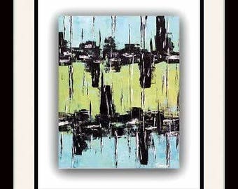 Modern abstract art painting home decor blue lime black 20x 18 / Art moderne abstrait peinture bleu lime noir