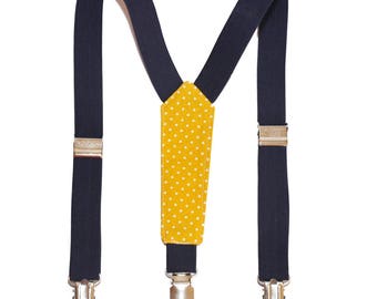 Yellow kids fabric straps with white polka dots and dark blue elastic