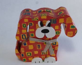 Wooden dog money box: red dog piggy bank