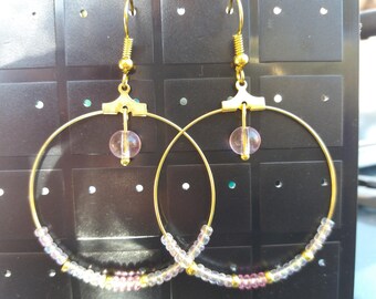 Steel hoop earrings, seed beads and synthetic clear