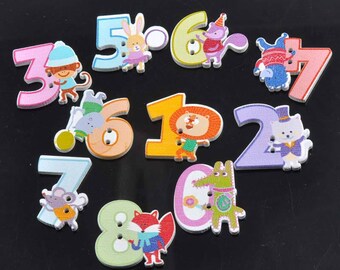 Set of 10 number animals wooden buttons