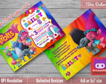 Trolls Birthday Invitation with FREE Thank you Card!