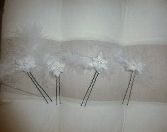 white hair, feathers and flowers 4 pins