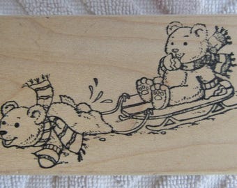 Penny Black Sledding Teddies 223J wood mounted pink rubber stamp