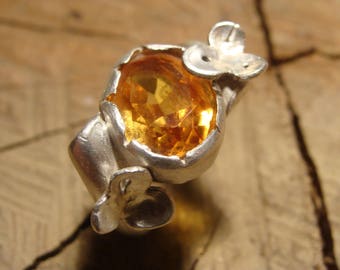 Bague fleur argent et citrine ovale