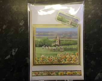 Traditional Style Spring or Easter Card with Lambs and village church scene
