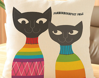 Rainbow cats Purfect pals cute funny square cushion cover