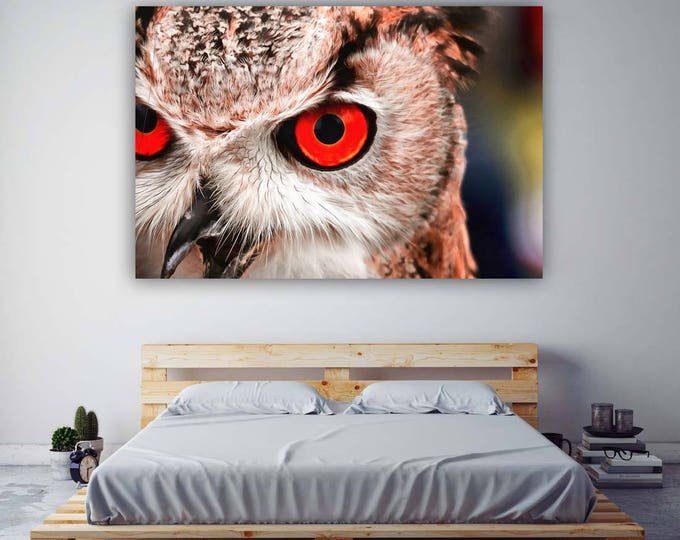 Horned owl with red eyes, animal, cute, canvas, Interior decor, bird canvas, room design, print poster, art picture, gift