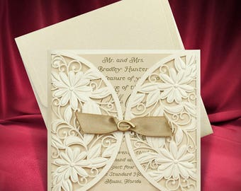 Laser Cut Wedding Invitation, Ivory Gold Invitation with Brooch and Ribbon, Elegant Wedding Invitation Card (Code 5963)