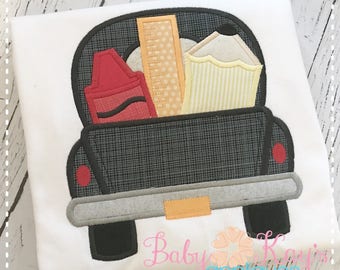 Vintage Truck with School Supplies Applique Design 4x4, 5x7, 6x10 8x8