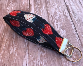 Strawberry Key Fob Wristlet Key Chain Gift For Her Key Holder Navy Blue Gift Under 10 Wrist Lanyard Stocking Stuffer