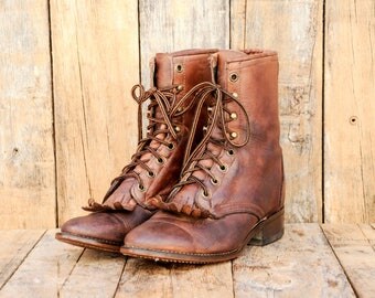 Brown Lacer Boots, Us 7.5 7 1/2, Uk 5.5, Eu 38, Brown Leather Boots, Brown Ankle Boots, Leather Ankle Boots, Rodeo Boots, Cowgirl Boots, USA