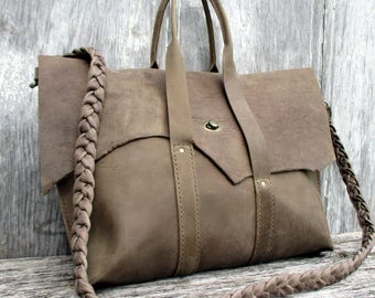 Rustic Taupe Leather Satchel / Cross Body Bag by Stacy Leigh