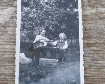Vintage Antique French black & white 2 mens drinking wine outside / pique nique photography